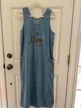 Light Wash Denim Embroidered Midi Dress - Sleeveless